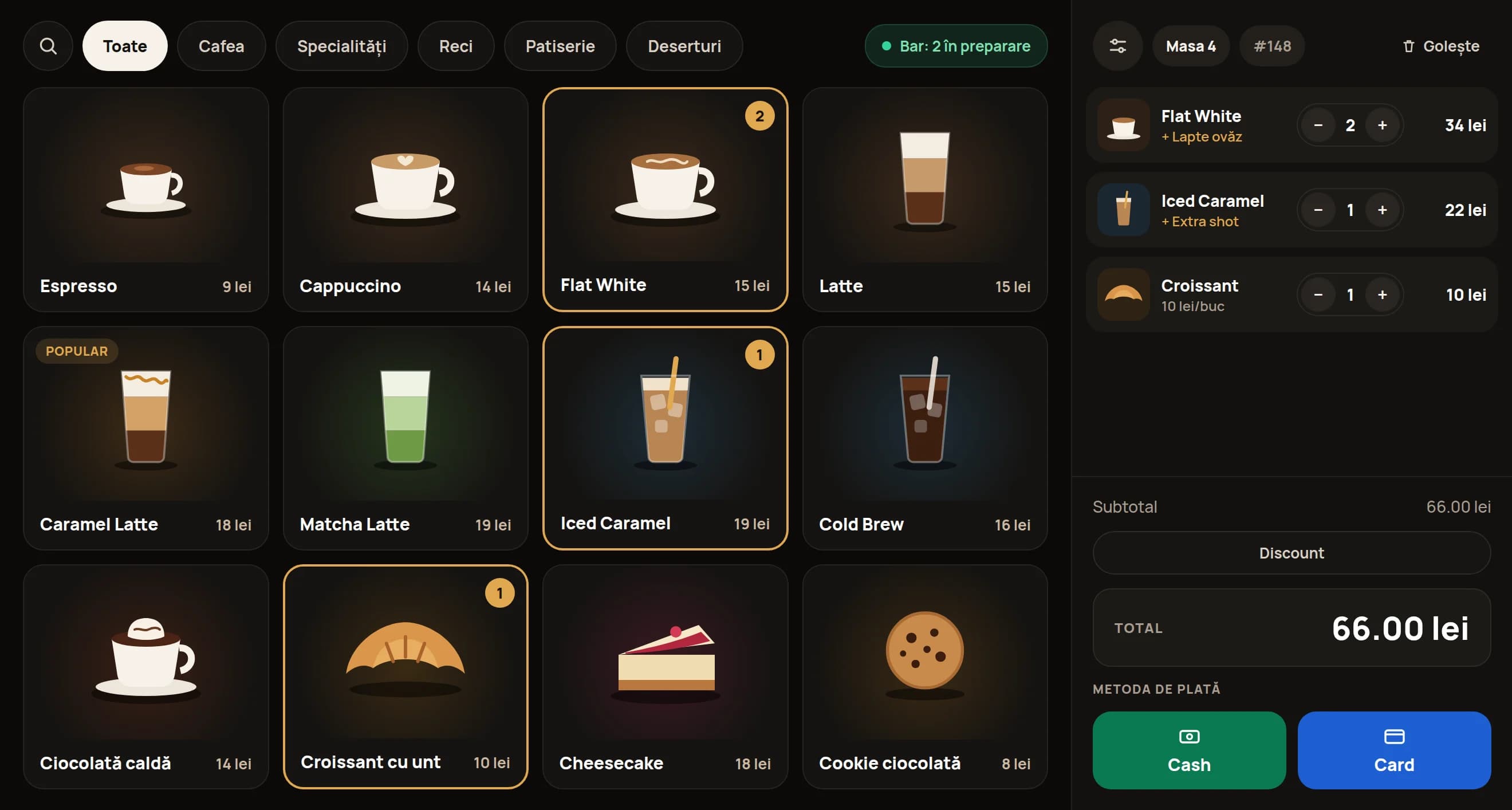 Osiris POS: ecranul de vânzare pentru o cafenea, cu meniul de produse și coșul de cumpărături